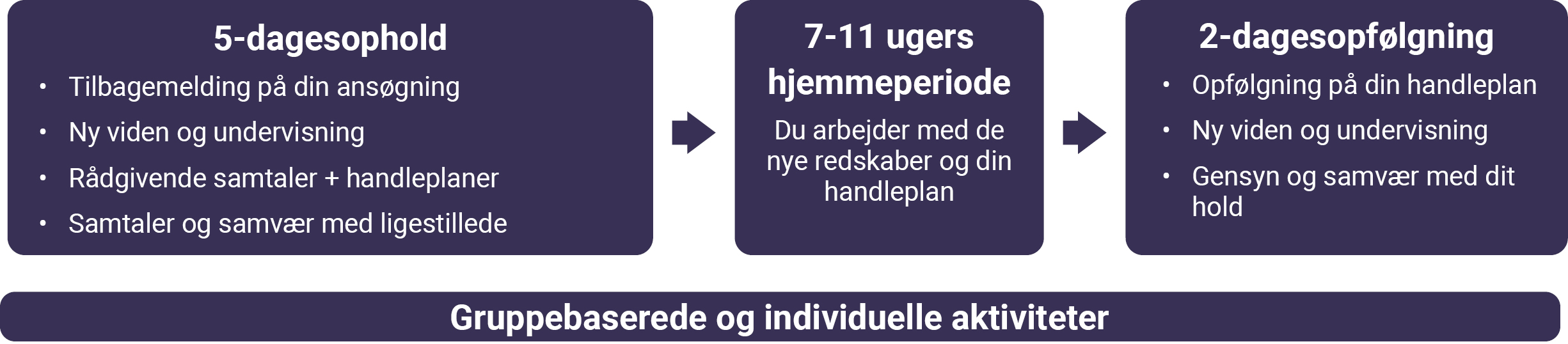 Model med opbygningen af REHPA-forløbet for mennesker der har overlevet hjertestop fordelt over et 5-dagesophold, 7-11 ugers hjemmeperiode og en 2-dagesopfølgning.