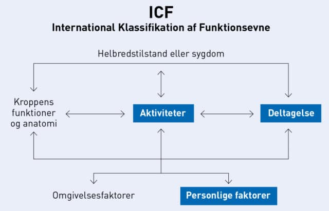 ICF International klassifikation af funktionsevne - modificeret version af REHPA (WHO, 2001).

Modellen består af et kredsløb med følgende dimensioner:
- Helbredstilstand eller sygdom
- Aktiviteter
- Deltagelse
- Kroppens funktioner og anatomi
- Omgivelsesfaktorer
- Personlige faktorer
Der er forskellige pile mellem dimensionerne.